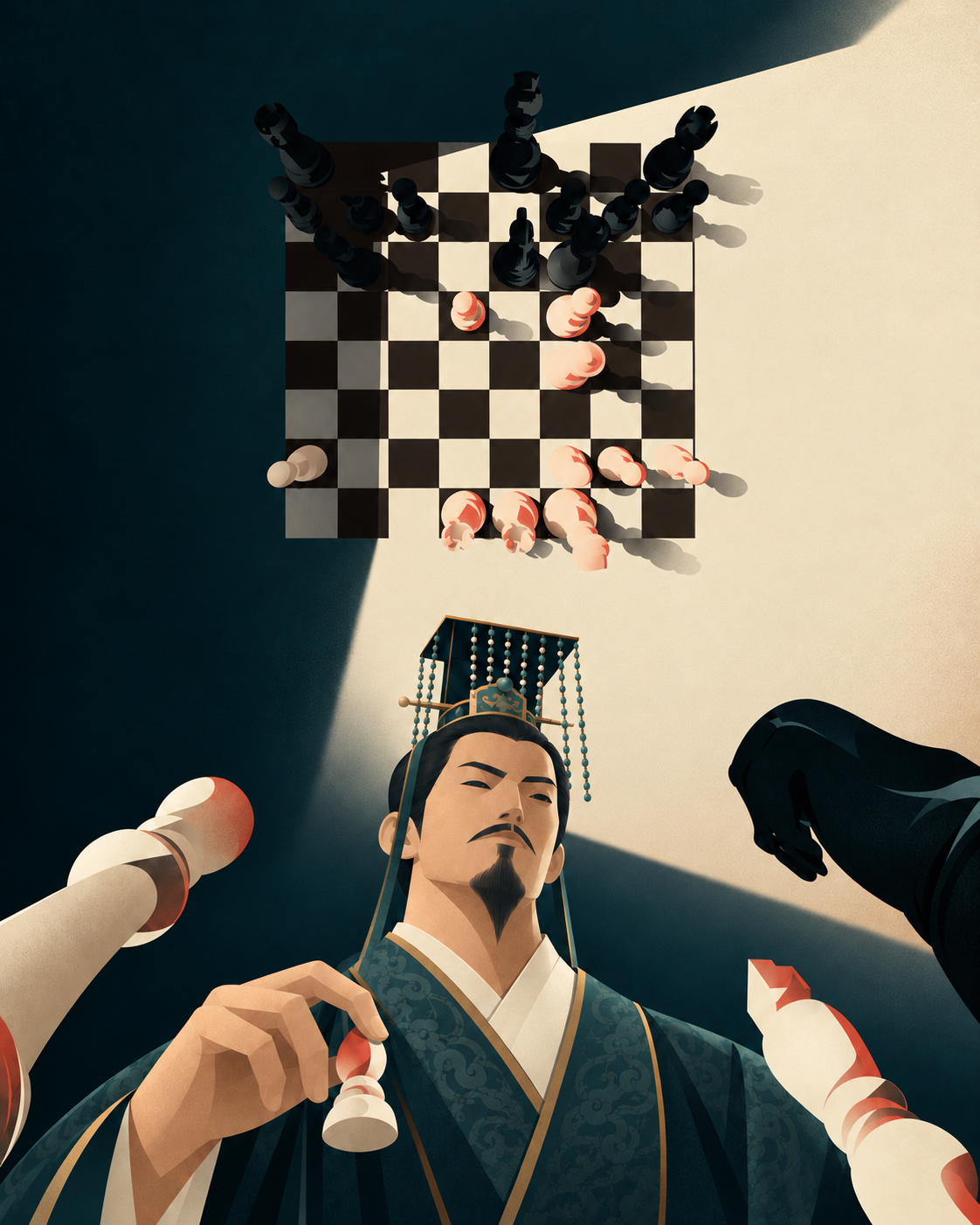 A Chinese emperor considering a chess move, with an overhead chessboard and foreground pieces in dramatic light
