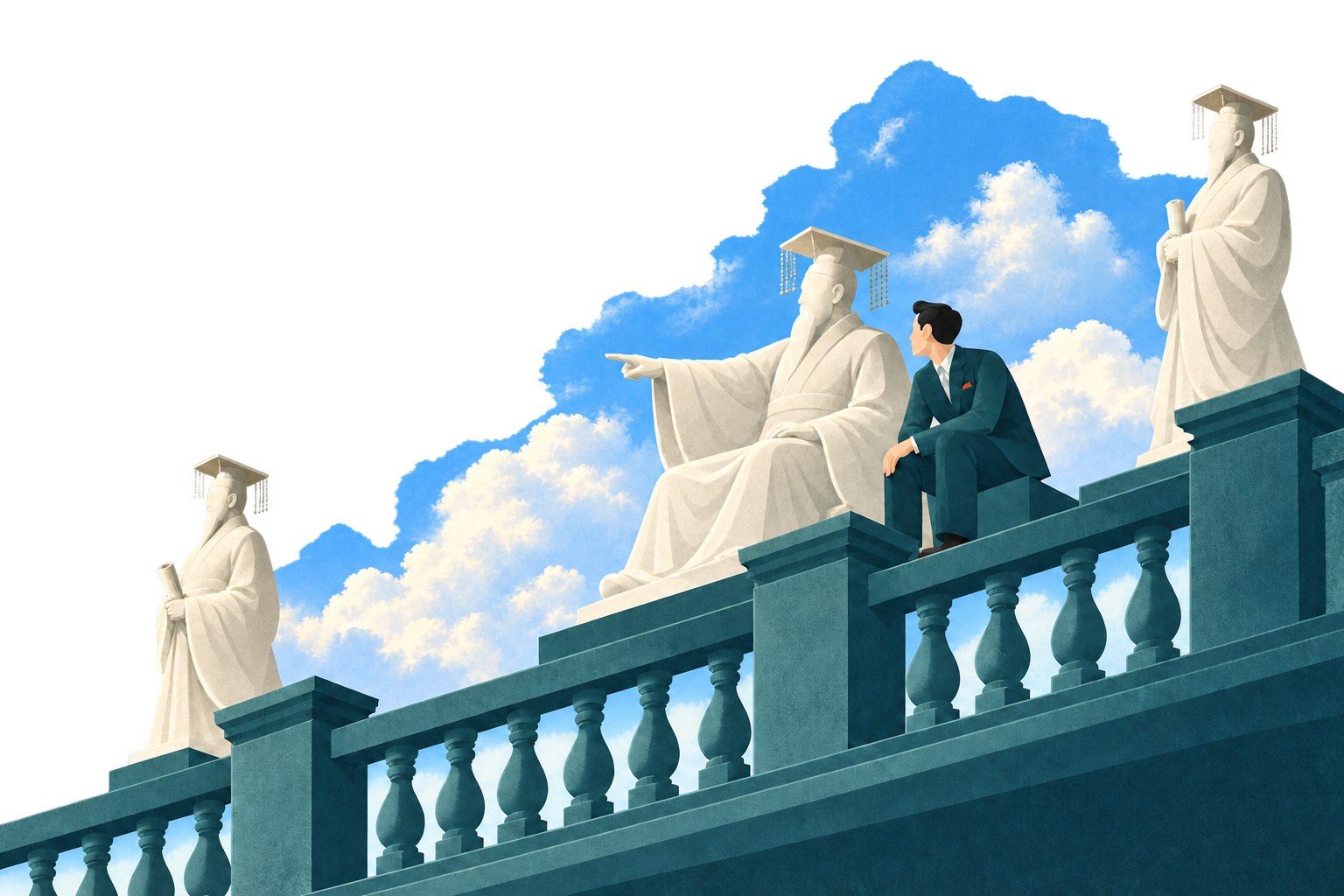 White statues of Chinese emperors and a modern person looking into the distance together
